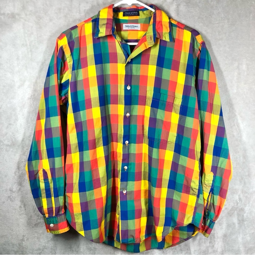 Bullock & Jones Button Down Shirt Mens M Colorful Checked Cotton Eclectic Bright